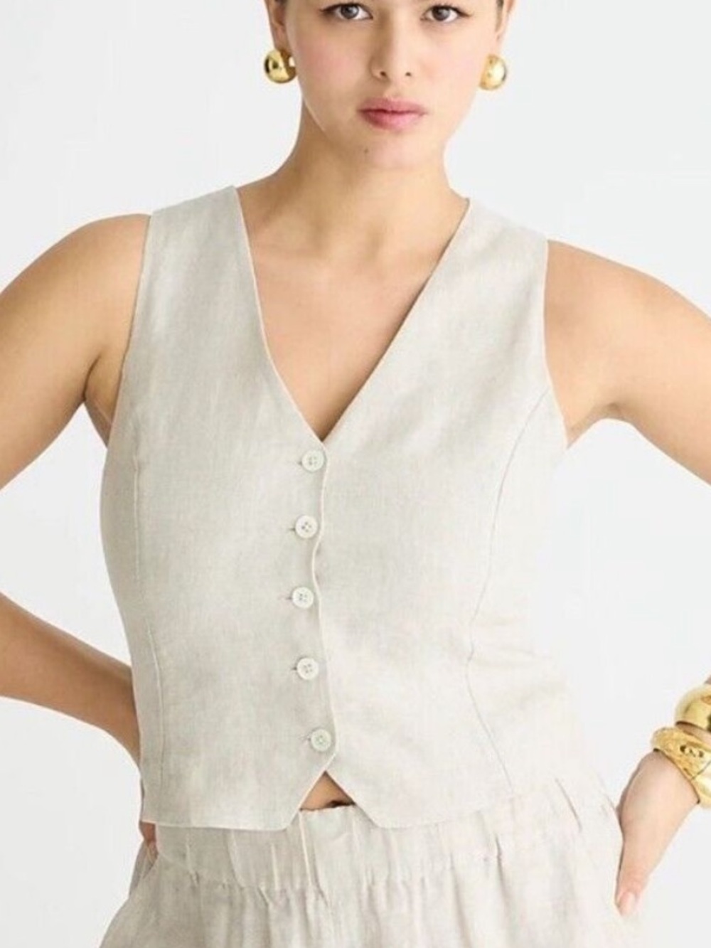 Christian Siriano Linen Button-Front Beige Vest